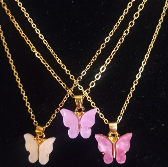 Jewelry - Gold Butterfly Pendant Necklace Bundle - Peach, Lavender And Pink